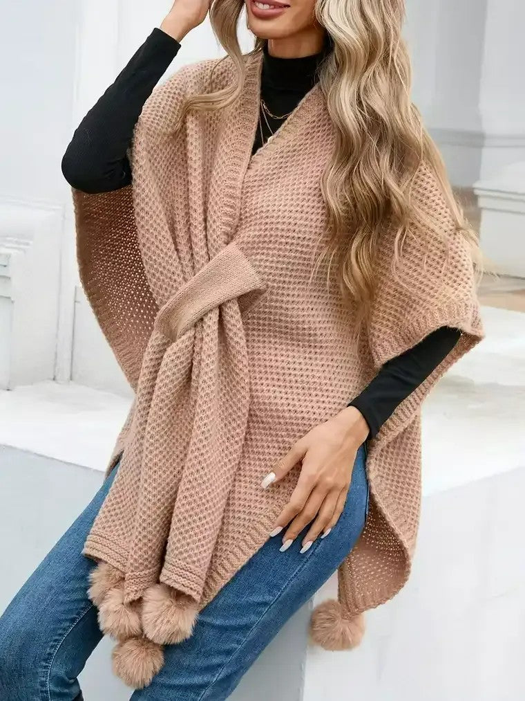 Damen-Poncho-Strickjacke aus Waffelstrick