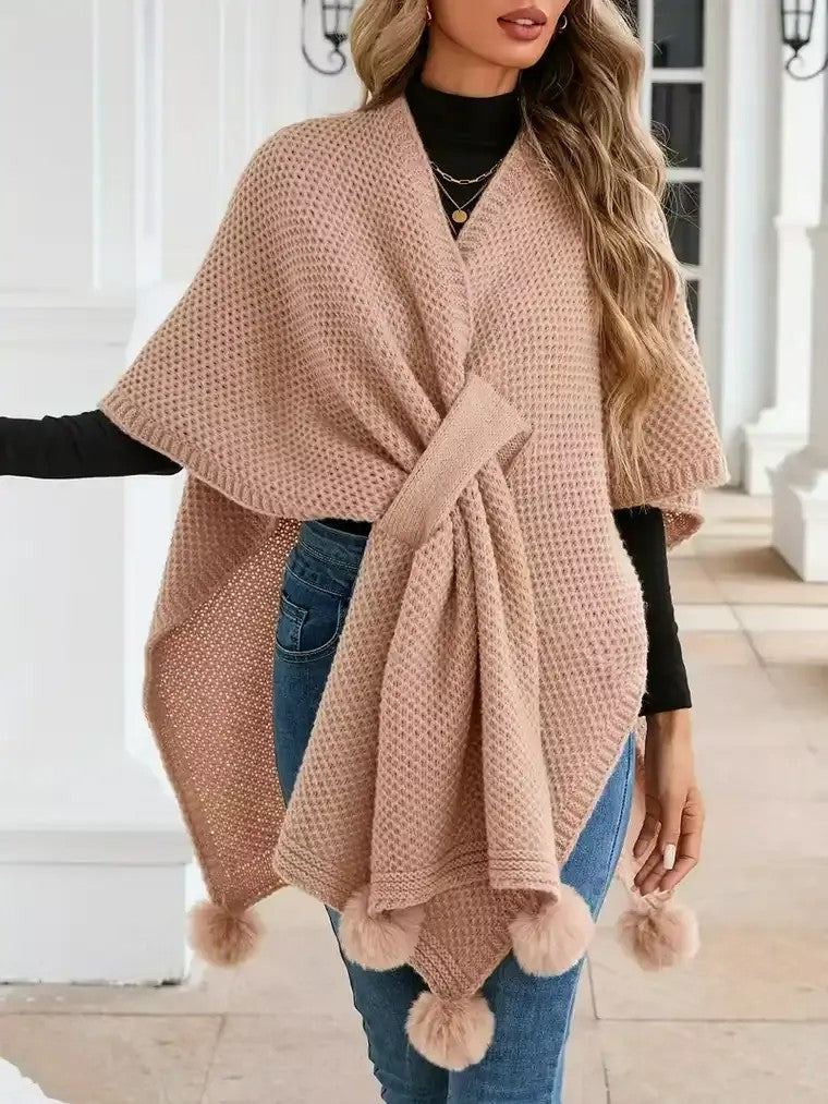 Damen-Poncho-Strickjacke aus Waffelstrick