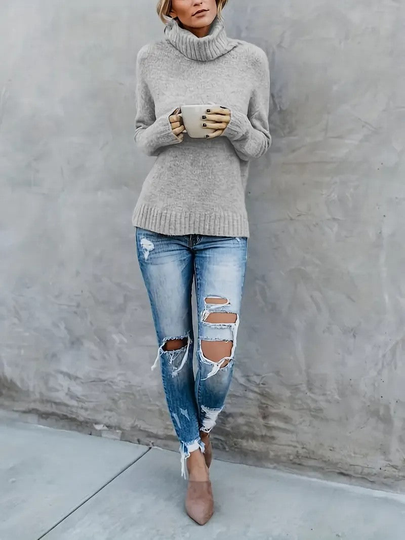 Damen Pullover mit Rippstrick und Rollkragen