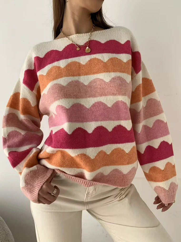 Damen Pullover mit U-Boot-Ausschnitt und Muster