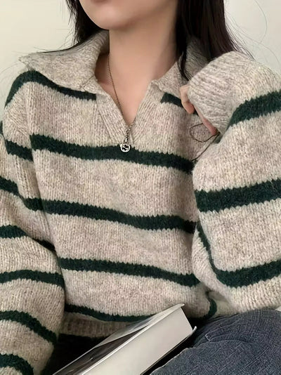 Damen Pullover wit Streifen und V-Ausschnitt