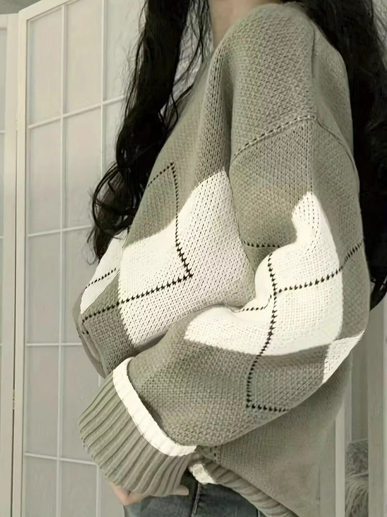 Damen Rautenmuster Strickpullover Mit Geripptem Bündchen