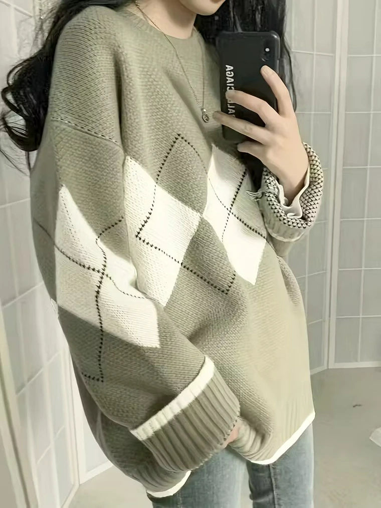 Damen Rautenmuster Strickpullover Mit Geripptem Bündchen
