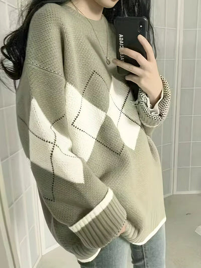 Damen Rautenmuster Strickpullover Mit Geripptem Bündchen