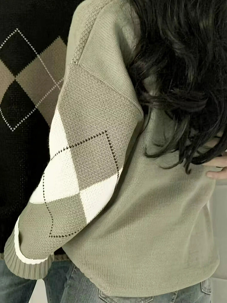 Damen Rautenmuster Strickpullover Mit Geripptem Bündchen