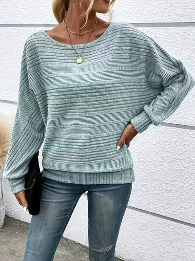 Damen Rippstrickpullover mit Horizontal Muster und U-Boot-Ausschnitt