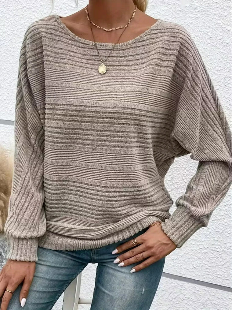 Damen Rippstrickpullover mit Horizontal Muster und U-Boot-Ausschnitt