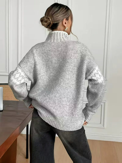 Damen Rippstrickrollkragenpullover mit Schultermuster