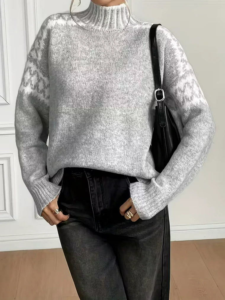 Damen Rippstrickrollkragenpullover mit Schultermuster