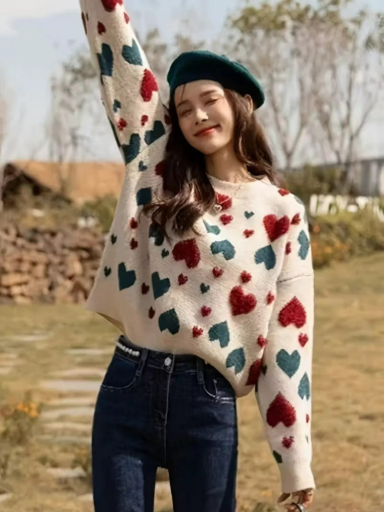 Damen Rundhals-Strickpullover Mit Herz-Print