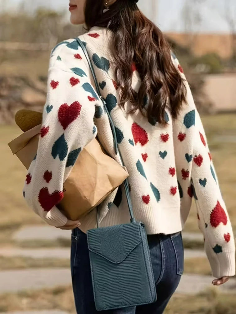 Damen Rundhals-Strickpullover Mit Herz-Print