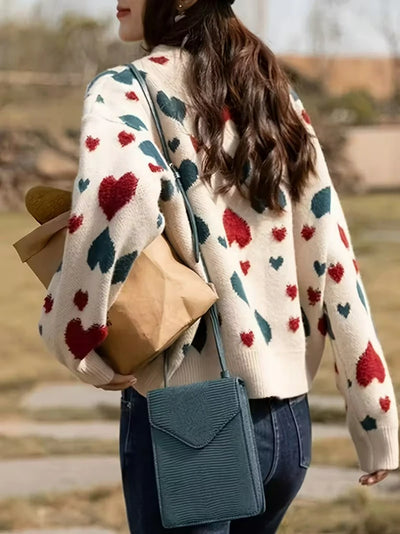 Damen Rundhals-Strickpullover Mit Herz-Print