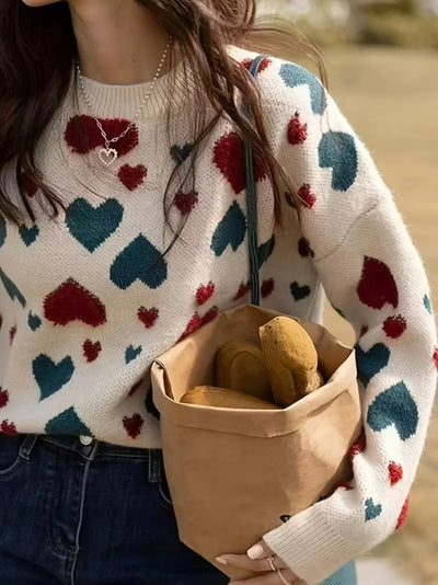 Damen Rundhals-Strickpullover Mit Herz-Print