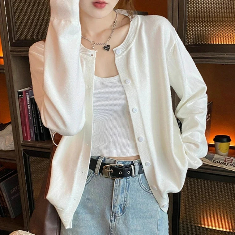 Damen Rundhalsausschnitt Strickjacke mit Knöpfen und Rippstrick