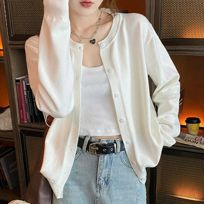 Damen Rundhalsausschnitt Strickjacke mit Knöpfen und Rippstrick