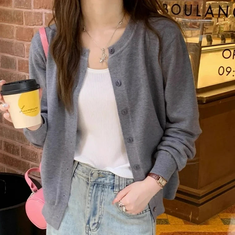 Damen Rundhalsausschnitt Strickjacke mit Knöpfen und Rippstrick