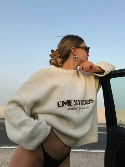 Damen Rundhalsausschnitt Strickpullover mit Geripptem Saum