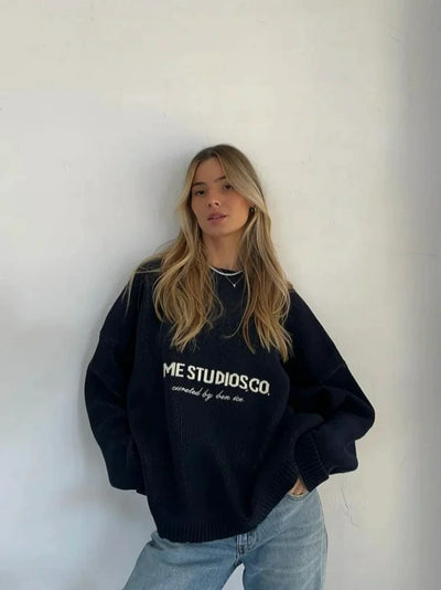 Damen Rundhalsausschnitt Strickpullover mit Geripptem Saum