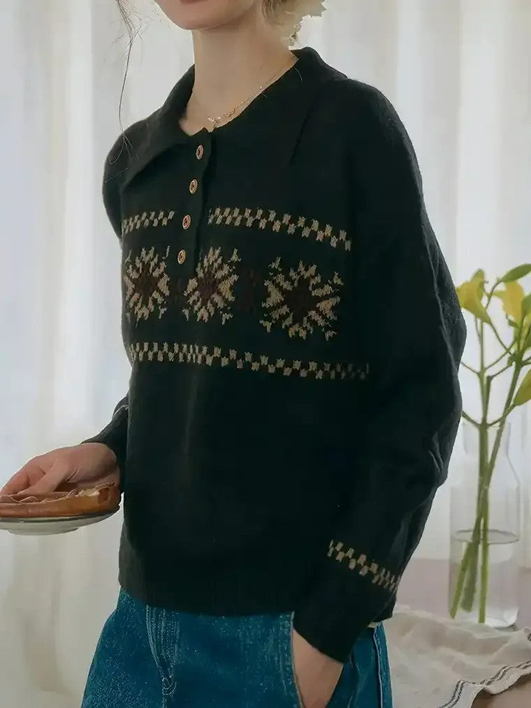 Damen Schneeflocken Jacquard Pullover mit Polo-Kragen