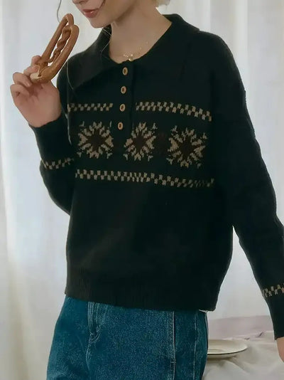 Damen Schneeflocken Jacquard Pullover mit Polo-Kragen