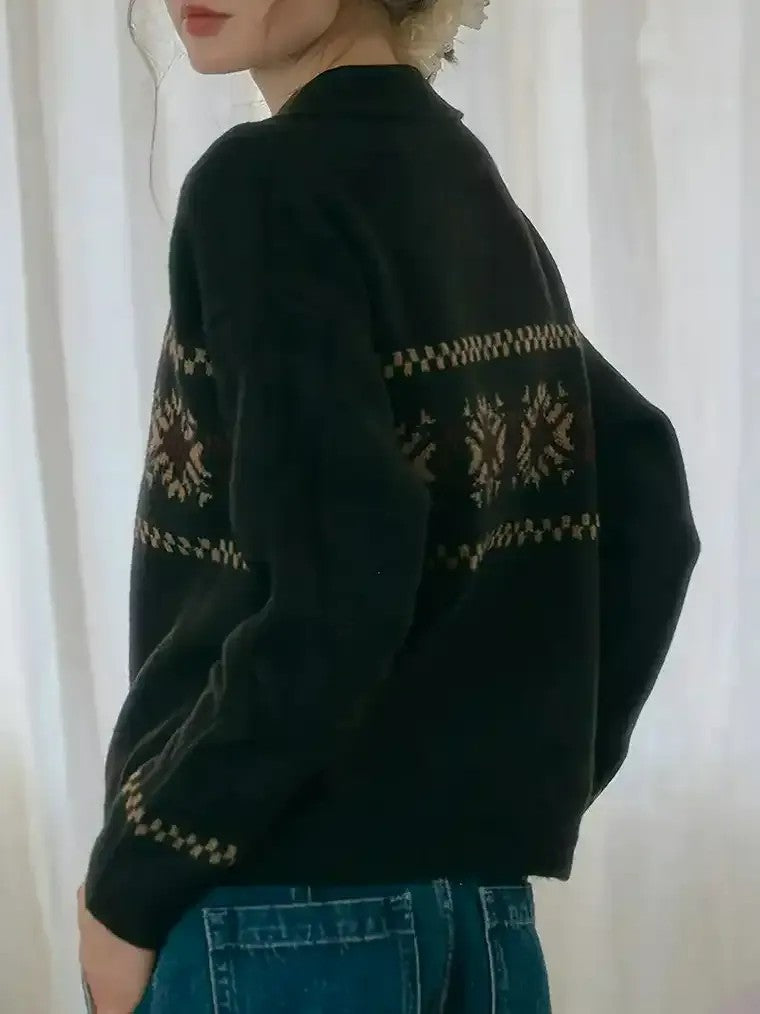 Damen Schneeflocken Jacquard Pullover mit Polo-Kragen