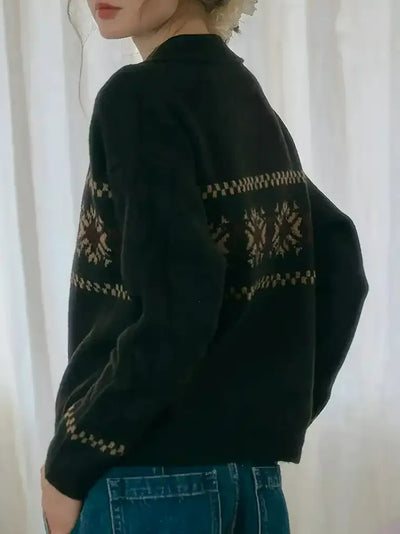 Damen Schneeflocken Jacquard Pullover mit Polo-Kragen