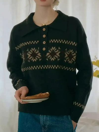 Damen Schneeflocken Jacquard Pullover mit Polo-Kragen