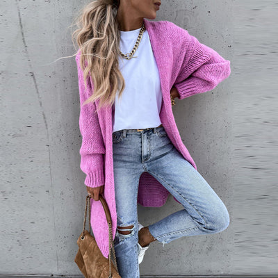 Damen Strick-Cardigan in mittlerer Länge mit Rippbündchen und Saum