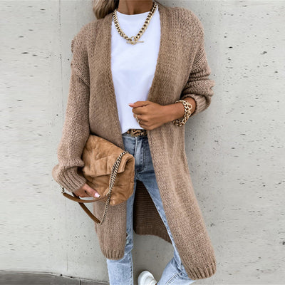 Damen Strick-Cardigan in mittlerer Länge mit Rippbündchen und Saum