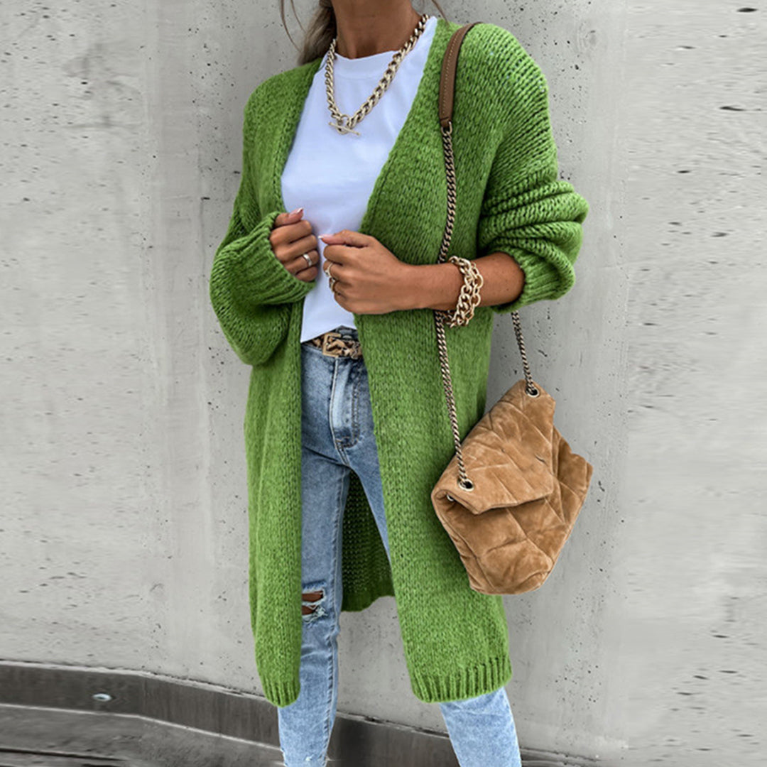 Damen Strick-Cardigan in mittlerer Länge mit Rippbündchen und Saum