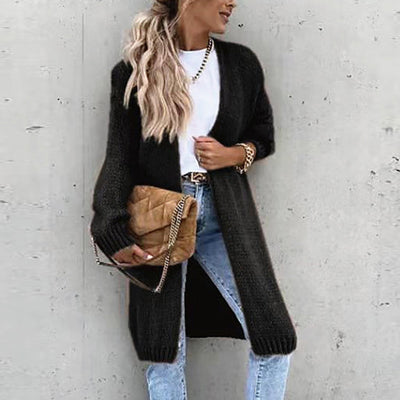 Damen Strick-Cardigan in mittlerer Länge mit Rippbündchen und Saum