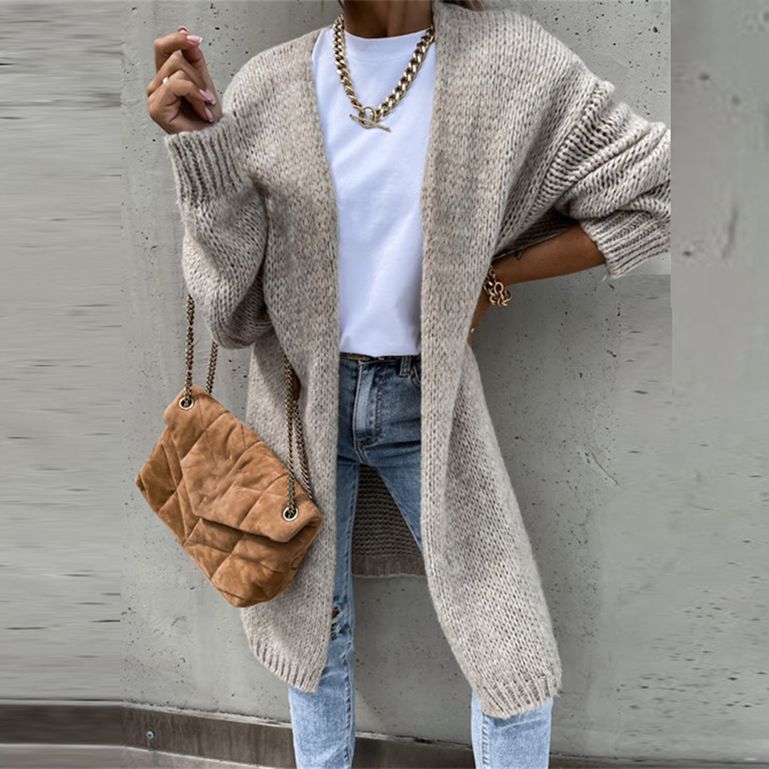 Damen Strick-Cardigan in mittlerer Länge mit Rippbündchen und Saum