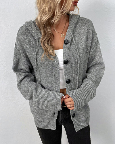 Damen Strick-Cardigan mit Kordelkapuze und Knöpfen
