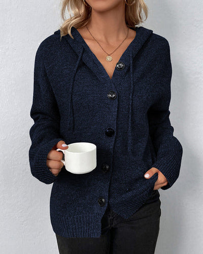 Damen Strick-Cardigan mit Kordelkapuze und Knöpfen