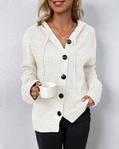 Damen Strick-Cardigan mit Kordelkapuze und Knöpfen