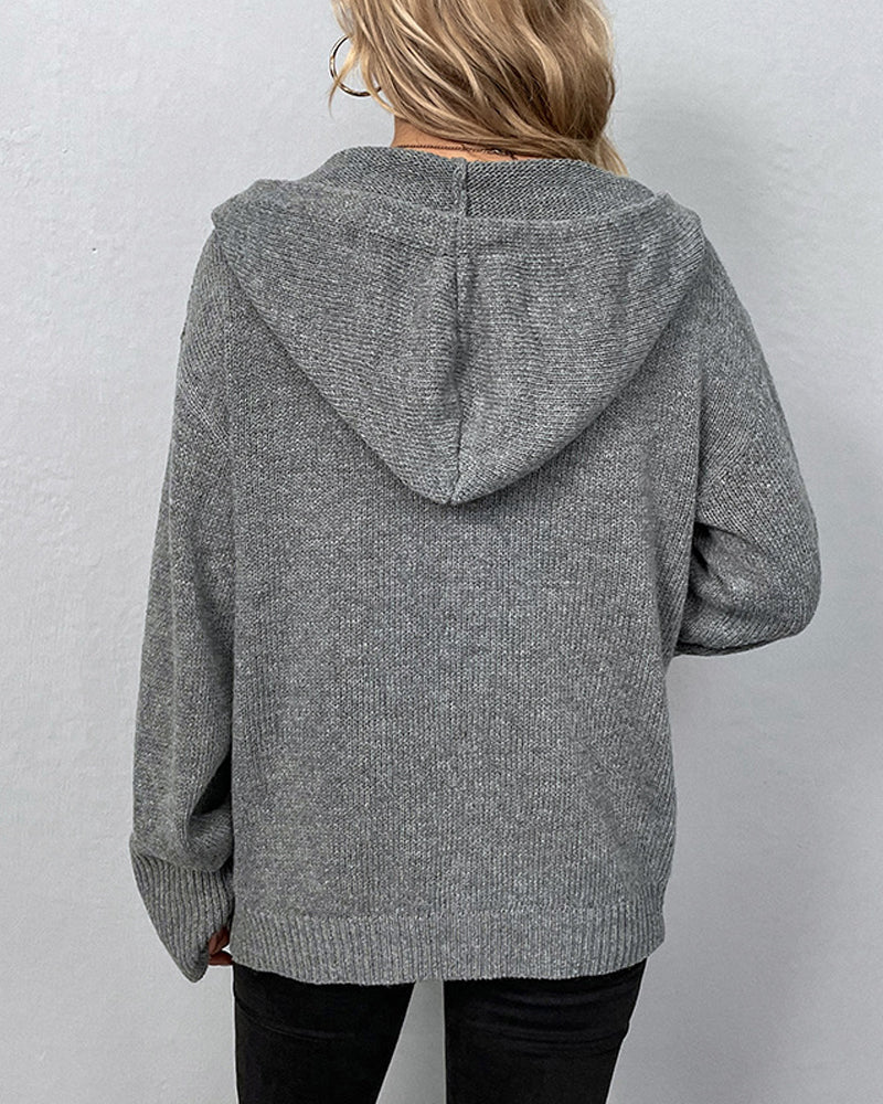 Damen Strick-Cardigan mit Kordelkapuze und Knöpfen