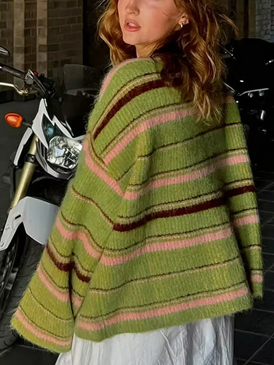 Damen Strickjacke mit Streifen und Knopfverschluss