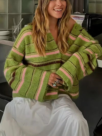 Damen Strickjacke mit Streifen und Knopfverschluss