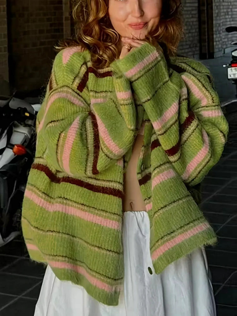 Damen Strickjacke mit Streifen und Knopfverschluss