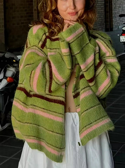 Damen Strickjacke mit Streifen und Knopfverschluss