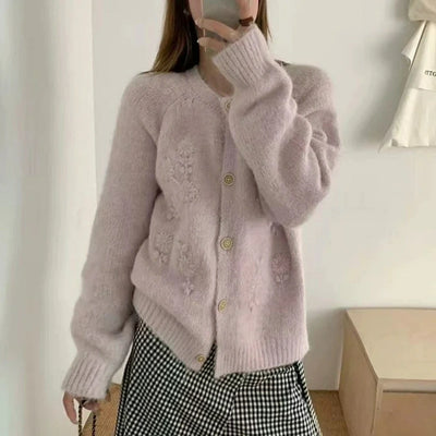 Damen Strickjacke mit Gesticktem Blumenmuster und Knöpfen