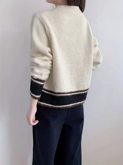 Damen Strickjacke mit Streifenbesatz und Knöpfen