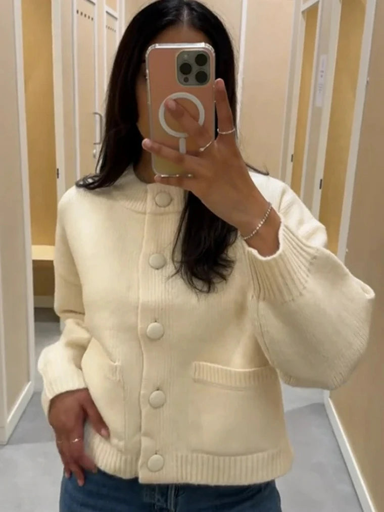 Damen Strickjacke mit Zwei Taschen und Knöpfen