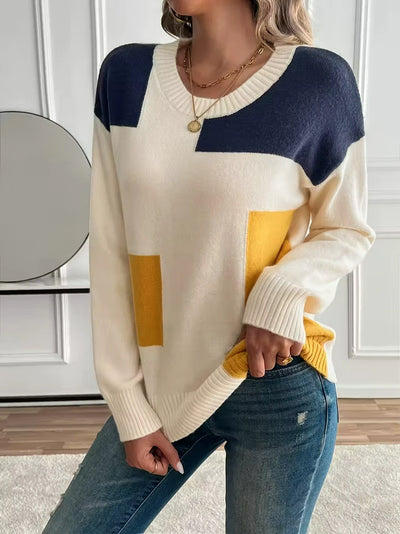 Damen Strickpullover mit Farbblöcken und Rundhalsausschnitt