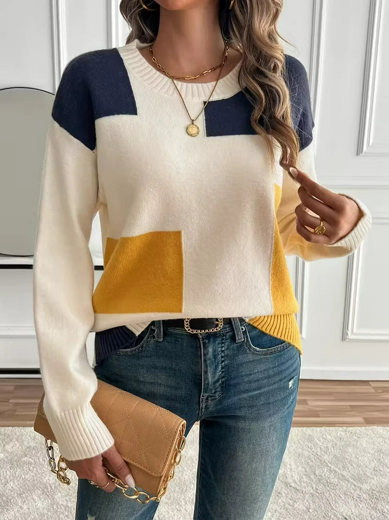 Damen Strickpullover mit Farbblöcken und Rundhalsausschnitt
