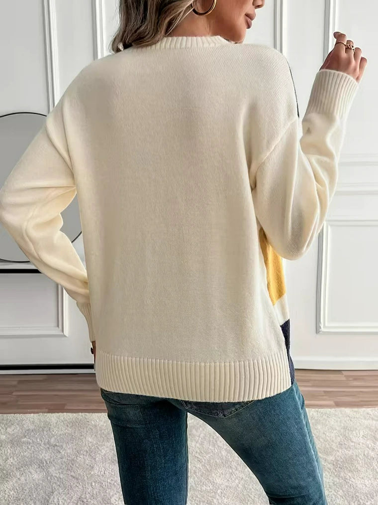 Damen Strickpullover mit Farbblöcken und Rundhalsausschnitt