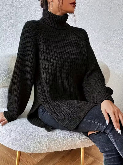 Damen Strickpullover mit Stehkragen und Seitlichem Schlitz