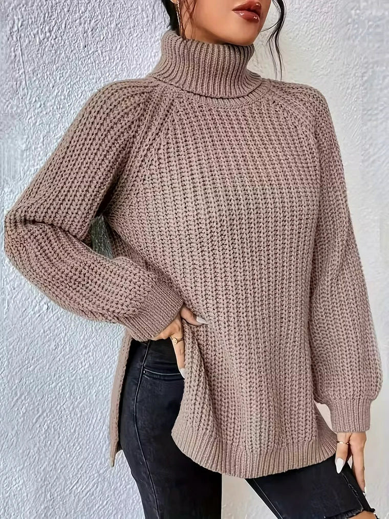 Damen Strickpullover mit Stehkragen und Seitlichem Schlitz