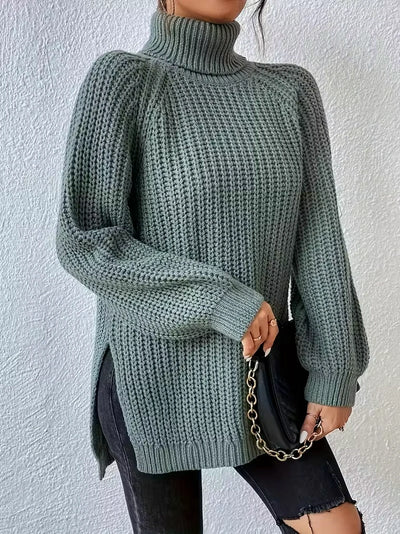 Damen Strickpullover mit Stehkragen und Seitlichem Schlitz