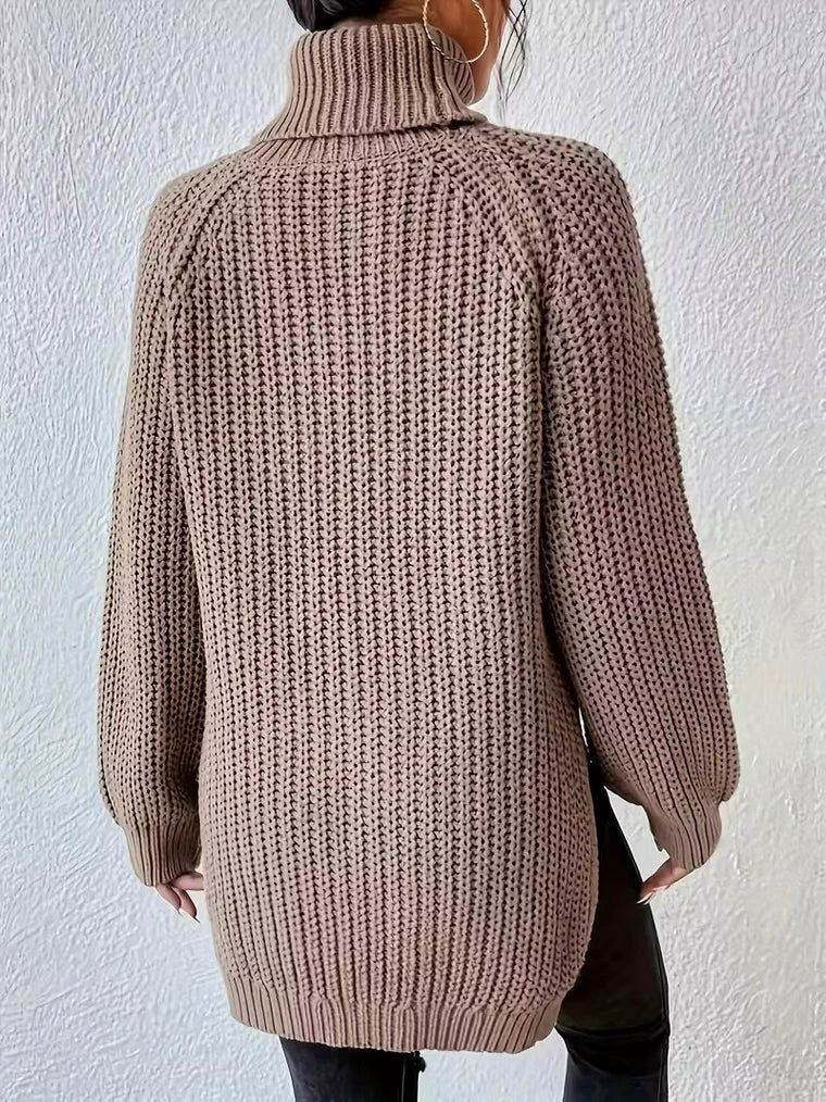 Damen Strickpullover mit Stehkragen und Seitlichem Schlitz